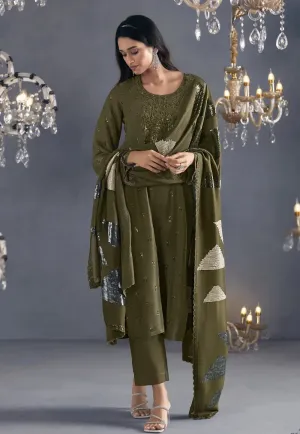 Flawless Sophistication Embroidered Olive Green Pant Suit