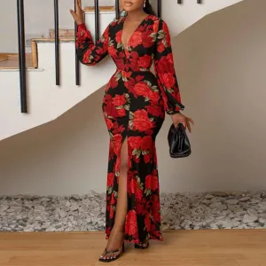 Floral Print Deep V-Neck Long Sleeve High Slit Maxi Dress