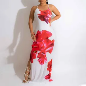 Floral Print Sleeveless Halter Slit Maxi Dress