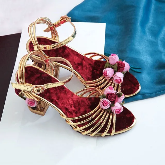 flower golden women sandals birdcage strange heels ankle strap buckle ladies sandal mixed color woman shoes