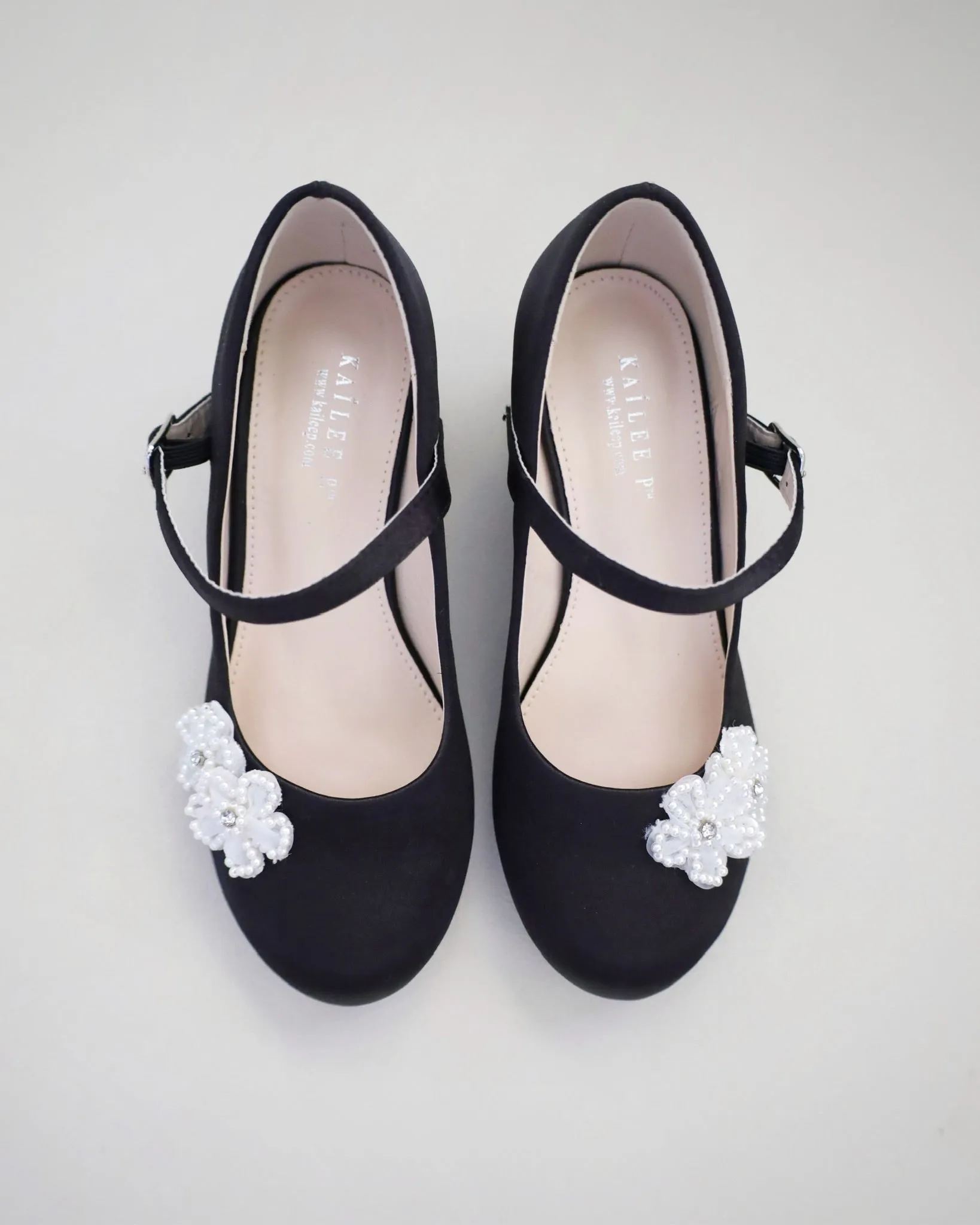 Girls Satin Mary Jane Block Heel with All Pearls Chassia Flowers