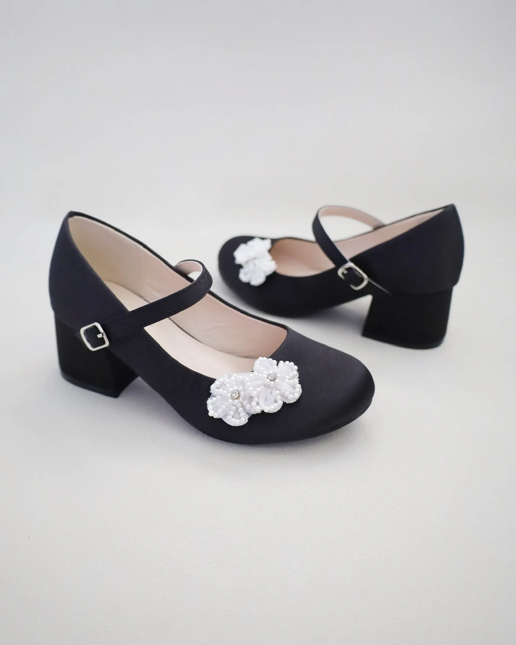 Girls Satin Mary Jane Block Heel with All Pearls Chassia Flowers