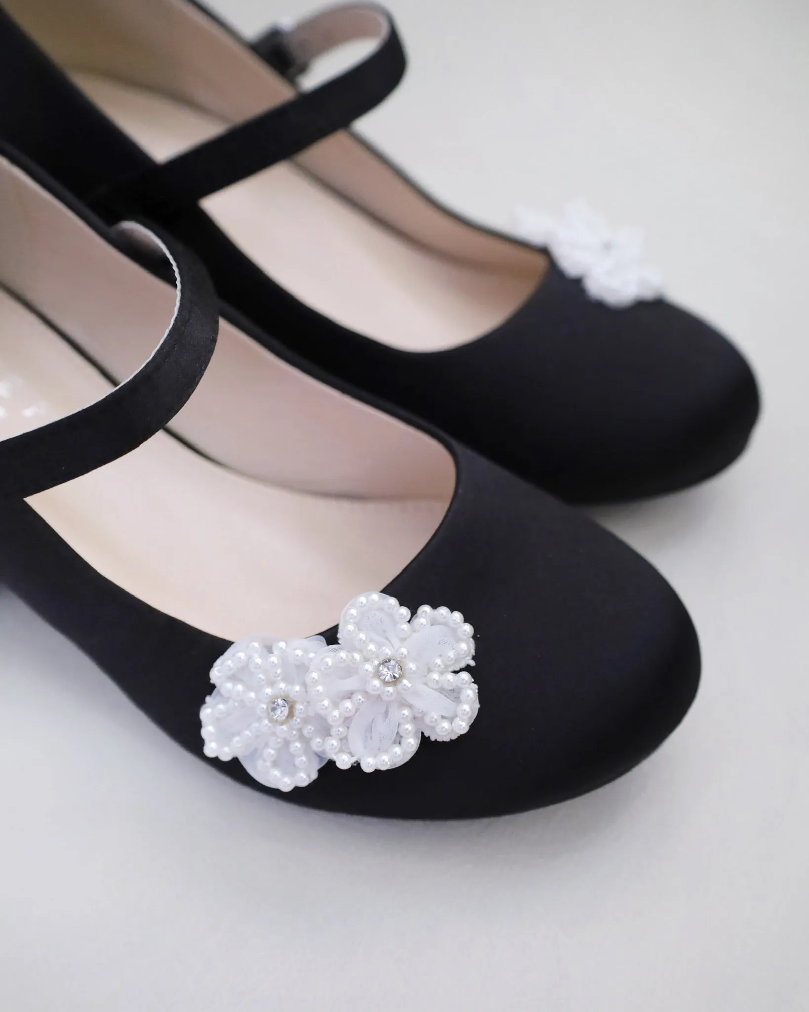 Girls Satin Mary Jane Block Heel with All Pearls Chassia Flowers