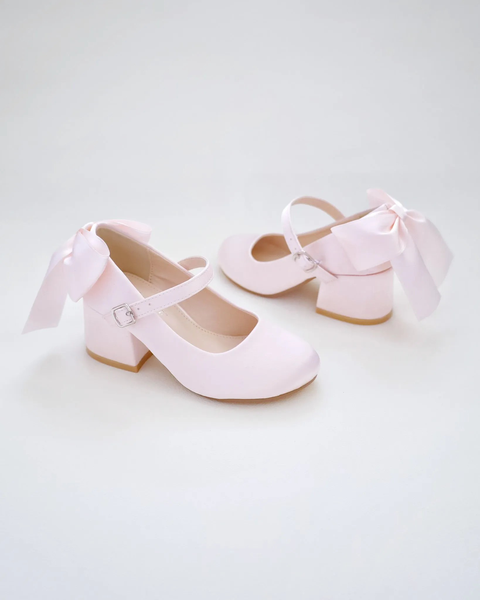 Girls Satin Mary Jane Block Heel with Back Satin Bow