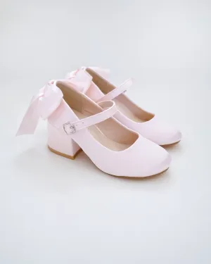 Girls Satin Mary Jane Block Heel with Back Satin Bow