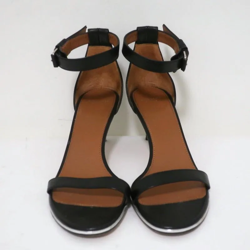 Givenchy Nadia Sandals Black Leather Size 37.5 Ankle Strap Mid-Heel
