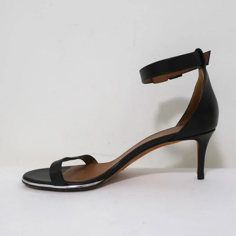 Givenchy Nadia Sandals Black Leather Size 37.5 Ankle Strap Mid-Heel
