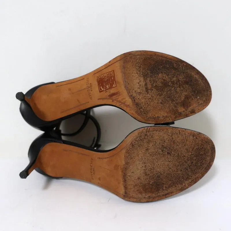 Givenchy Nadia Sandals Black Leather Size 37.5 Ankle Strap Mid-Heel