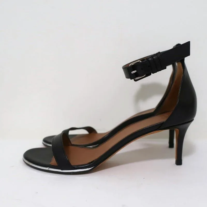 Givenchy Nadia Sandals Black Leather Size 37.5 Ankle Strap Mid-Heel
