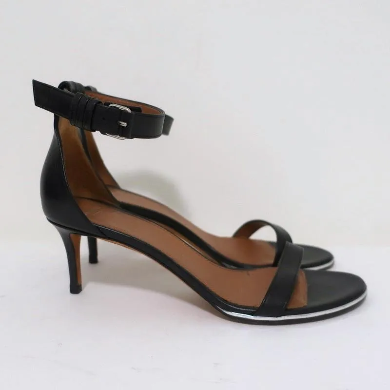 Givenchy Nadia Sandals Black Leather Size 37.5 Ankle Strap Mid-Heel