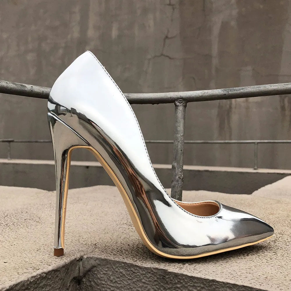 Glossy Silver Patent Leather Women Sexy Pointed Toe High Heel Shoes