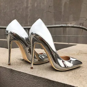 Glossy Silver Patent Leather Women Sexy Pointed Toe High Heel Shoes