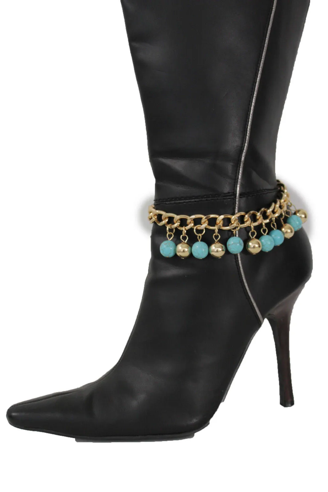 Gold Metal Chains Boot Bracelet High Heels Shoe Charm Anklet Turquoise Blue Balls