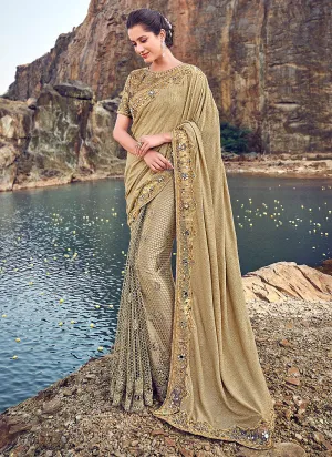 Golden Two Tone Zari Embroidered Party Wear Saree