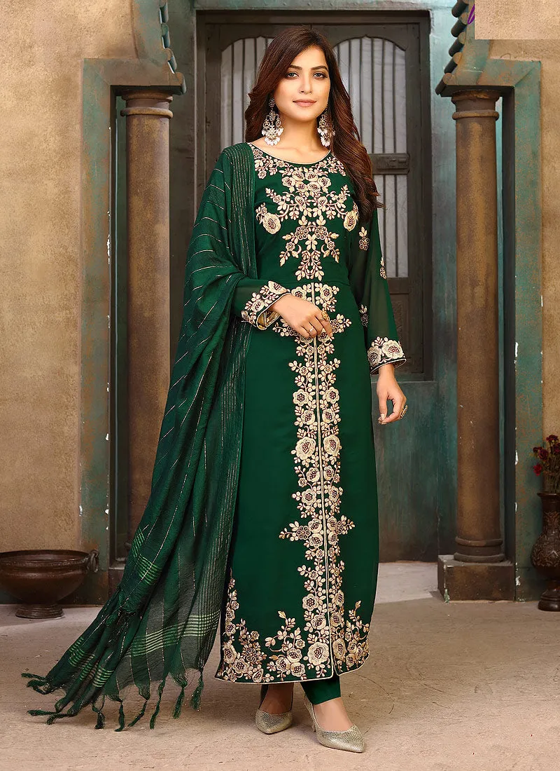 Green Embroidery Party Wear Pant Style Suit