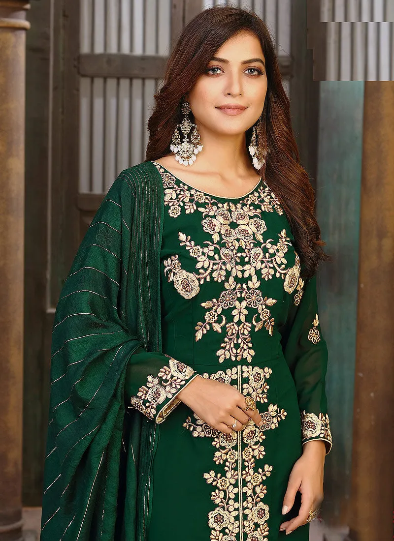 Green Embroidery Party Wear Pant Style Suit