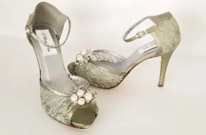 Green Lace Bridal Shoes with Pearl and Crystal Cascade Design
