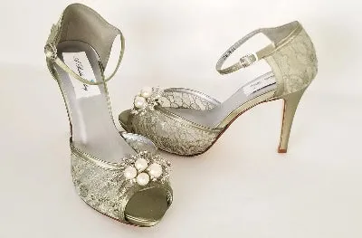 Green Lace Bridal Shoes with Pearl and Crystal Cascade Design
