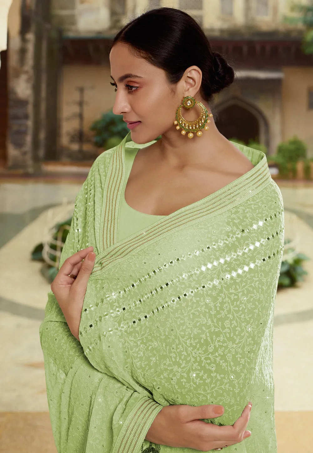 Green Mirror Embroidered Party Wear Saree