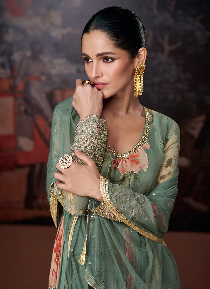 Green Sequence Embroidery Digital Printed Slit Style Anarkali Suit