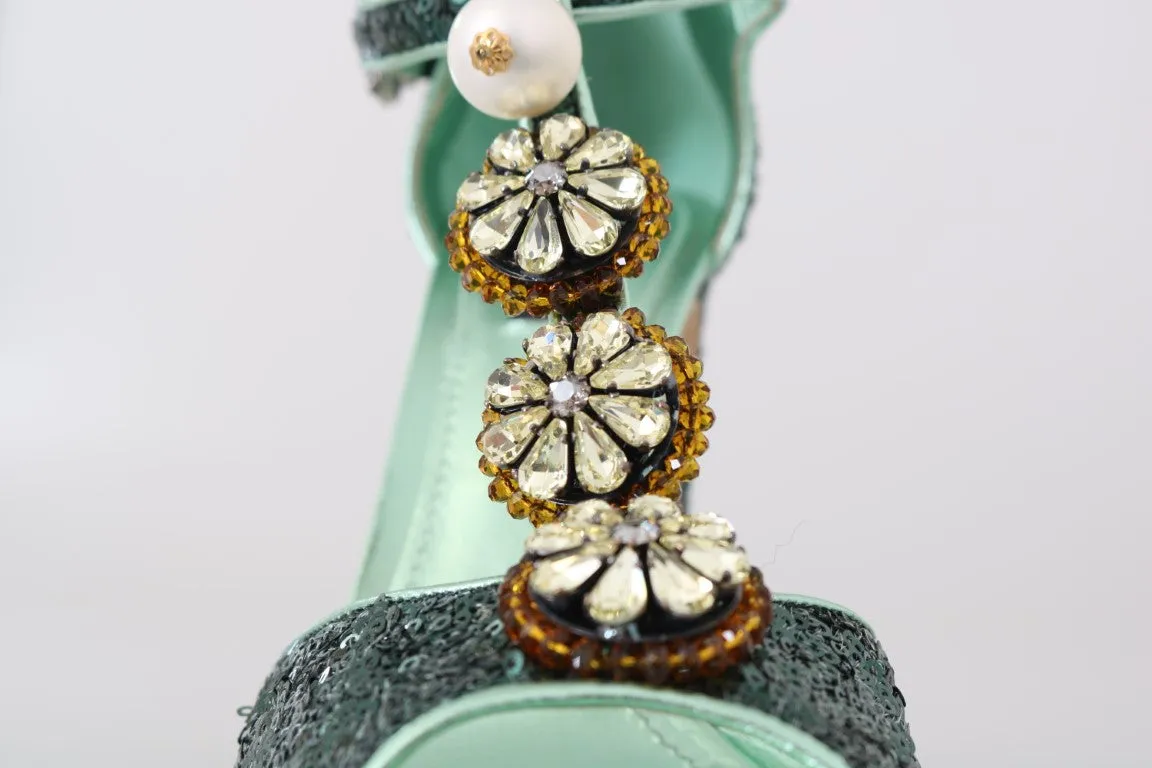 Green Sequin Leather Crystal Sandal