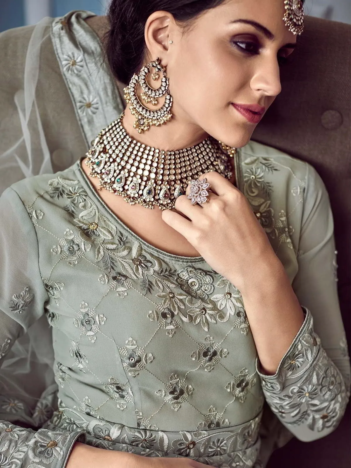 Grey Glam Chikankari Embroidered Anarkali Suit