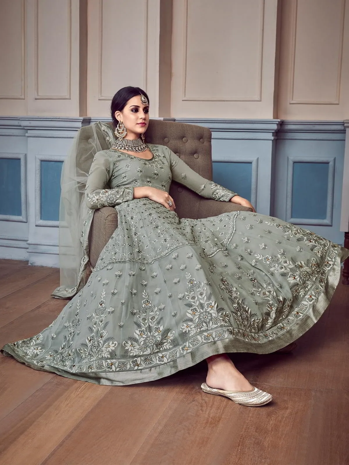 Grey Glam Chikankari Embroidered Anarkali Suit