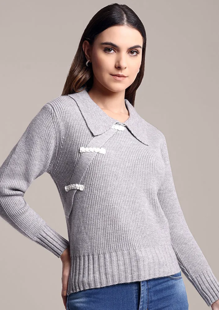 Grey loose Sweater with Pearl Brooch