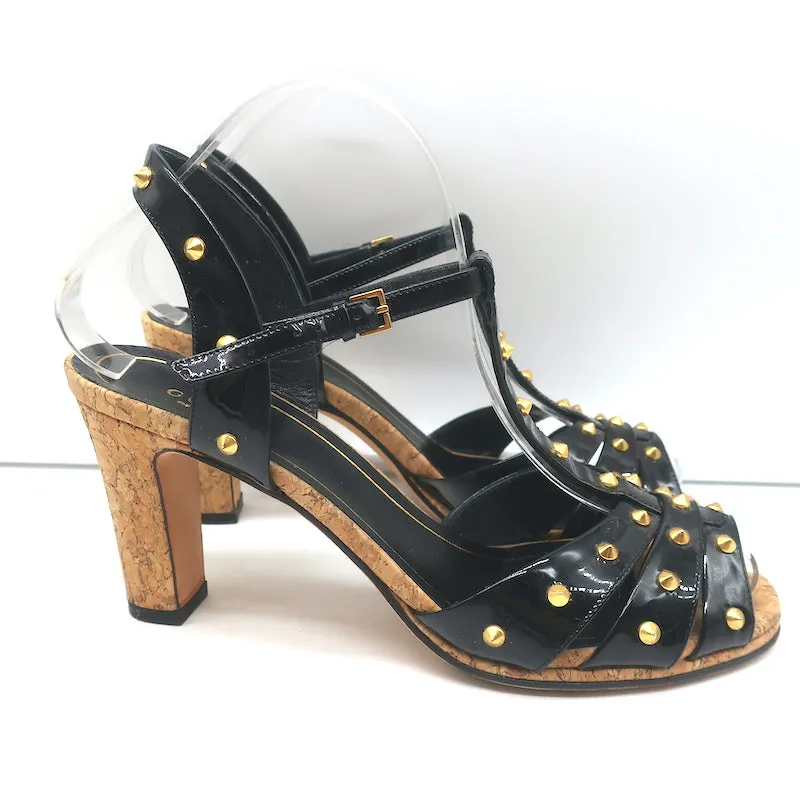 Gucci Jacquelyne Studded T-Strap Cork Sandals Black Patent Leather Size 38.5