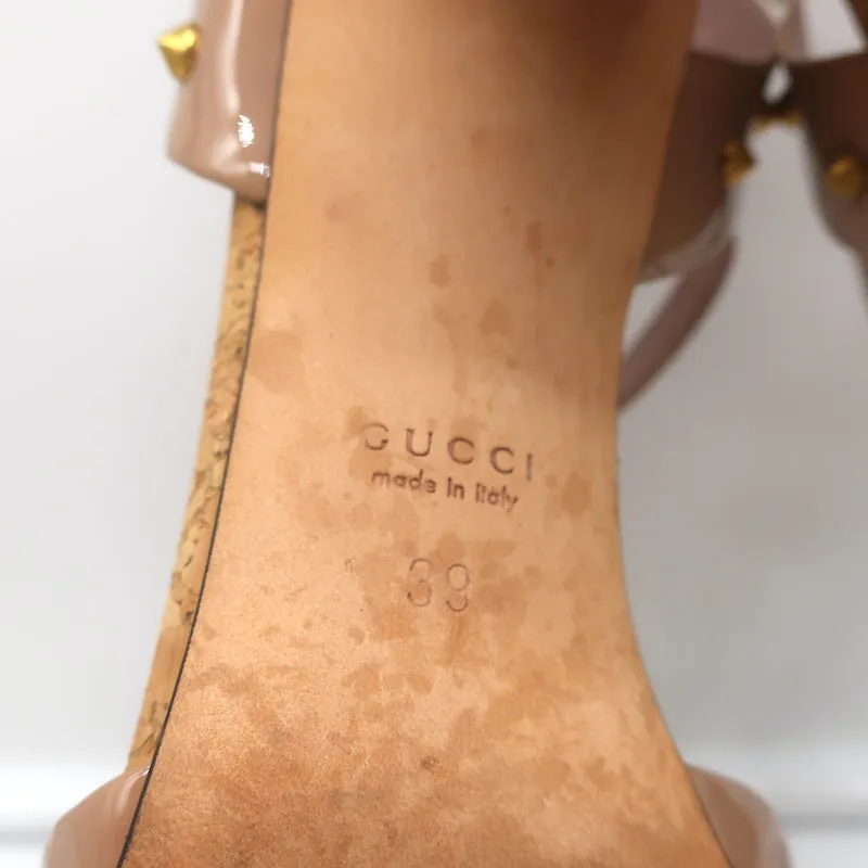 Gucci Jacquelyne Studded T-Strap Cork Sandals Nude Patent Leather Size 39
