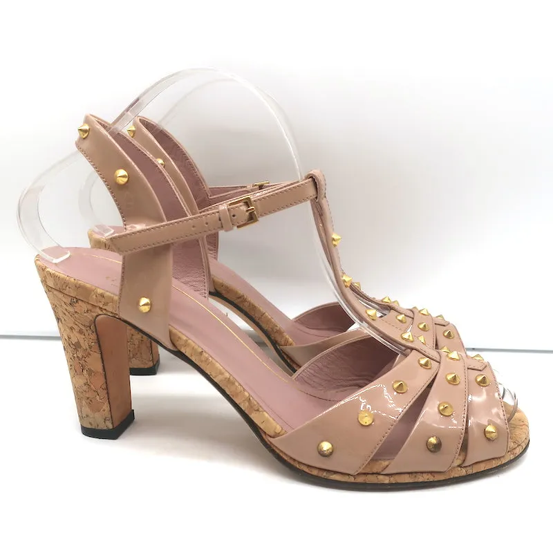 Gucci Jacquelyne Studded T-Strap Cork Sandals Nude Patent Leather Size 39