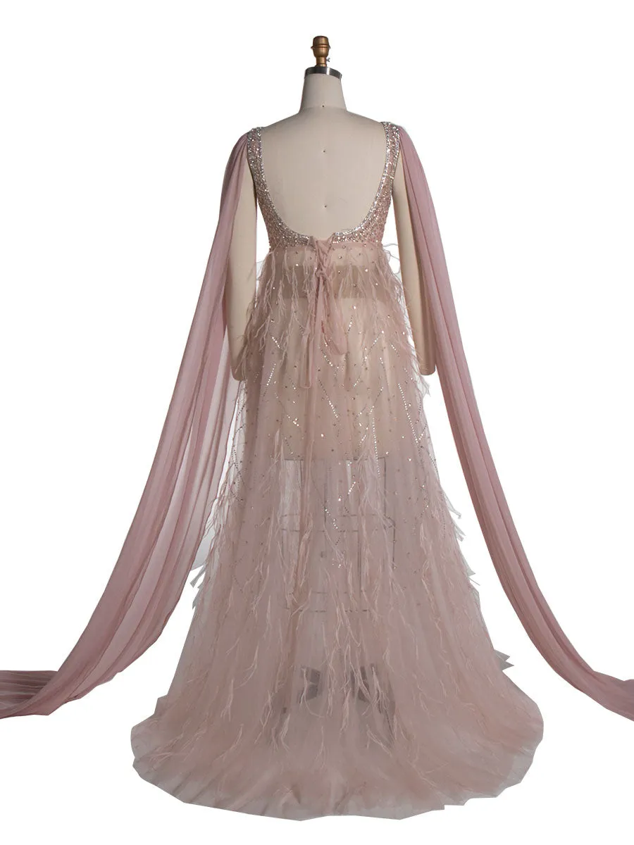Hand-Beaded with Ostrish Hair Maternity Photoshoots Dress Elegant Long Cape Sleeves Pergnancy Dress for Baby Shower YW24073