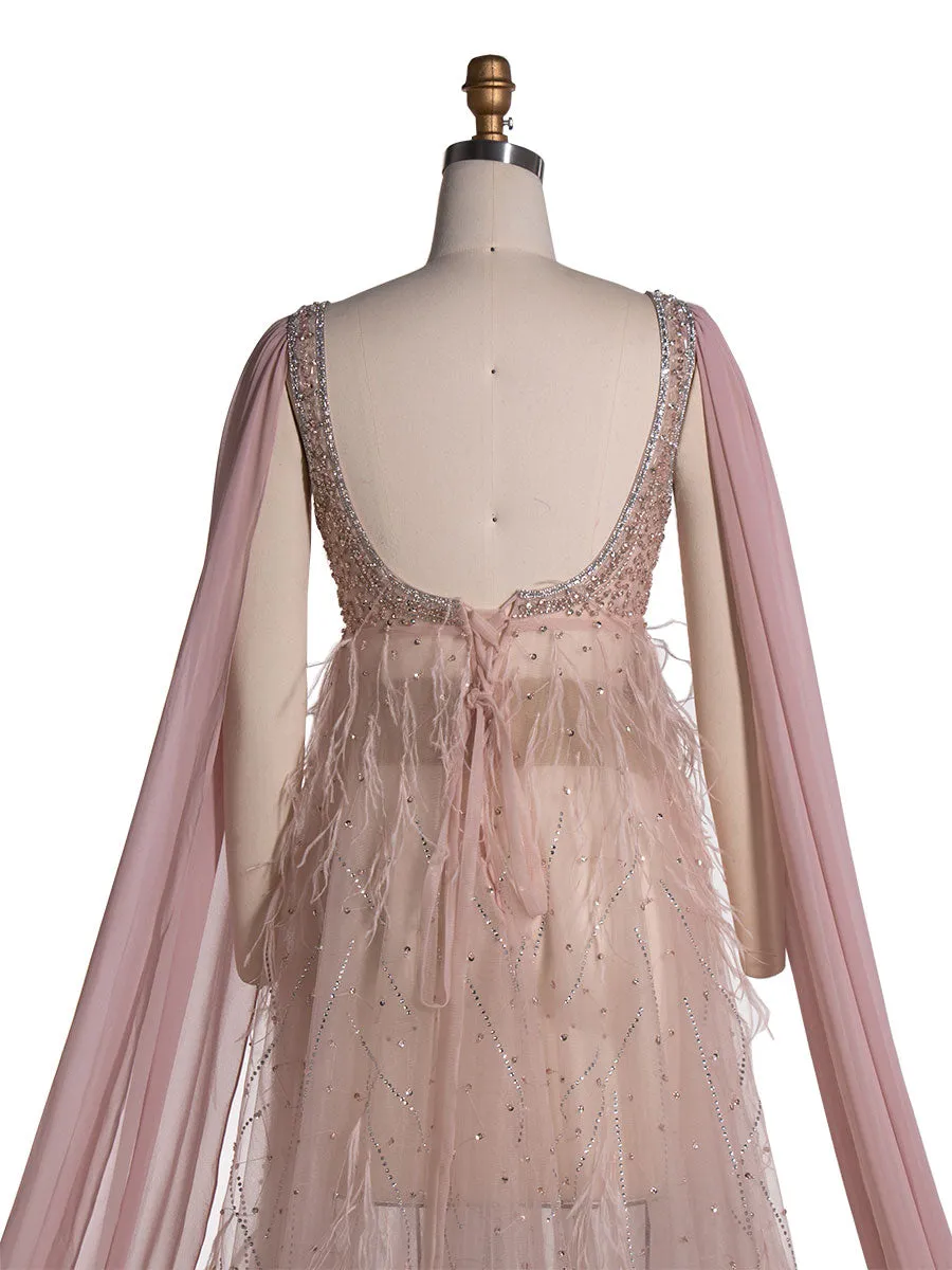Hand-Beaded with Ostrish Hair Maternity Photoshoots Dress Elegant Long Cape Sleeves Pergnancy Dress for Baby Shower YW24073