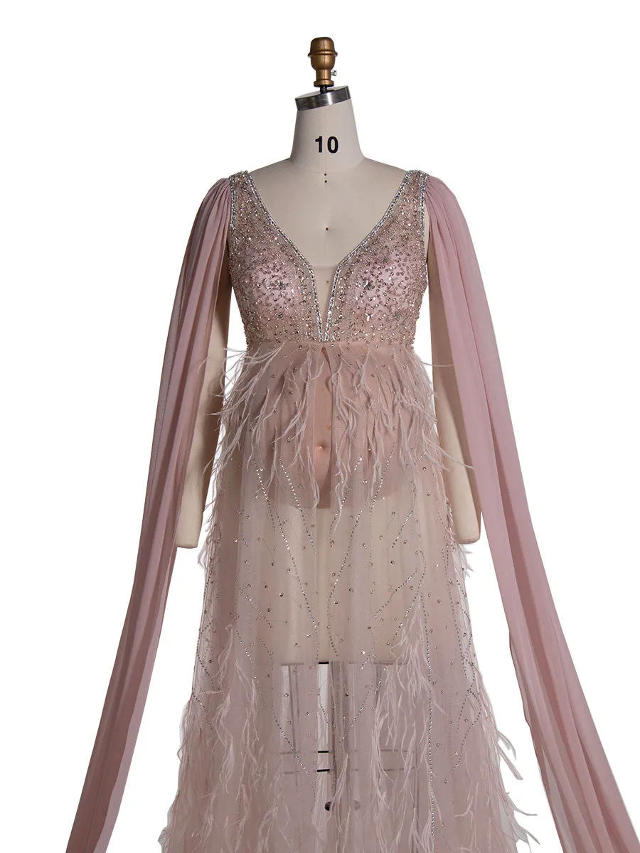 Hand-Beaded with Ostrish Hair Maternity Photoshoots Dress Elegant Long Cape Sleeves Pergnancy Dress for Baby Shower YW24073
