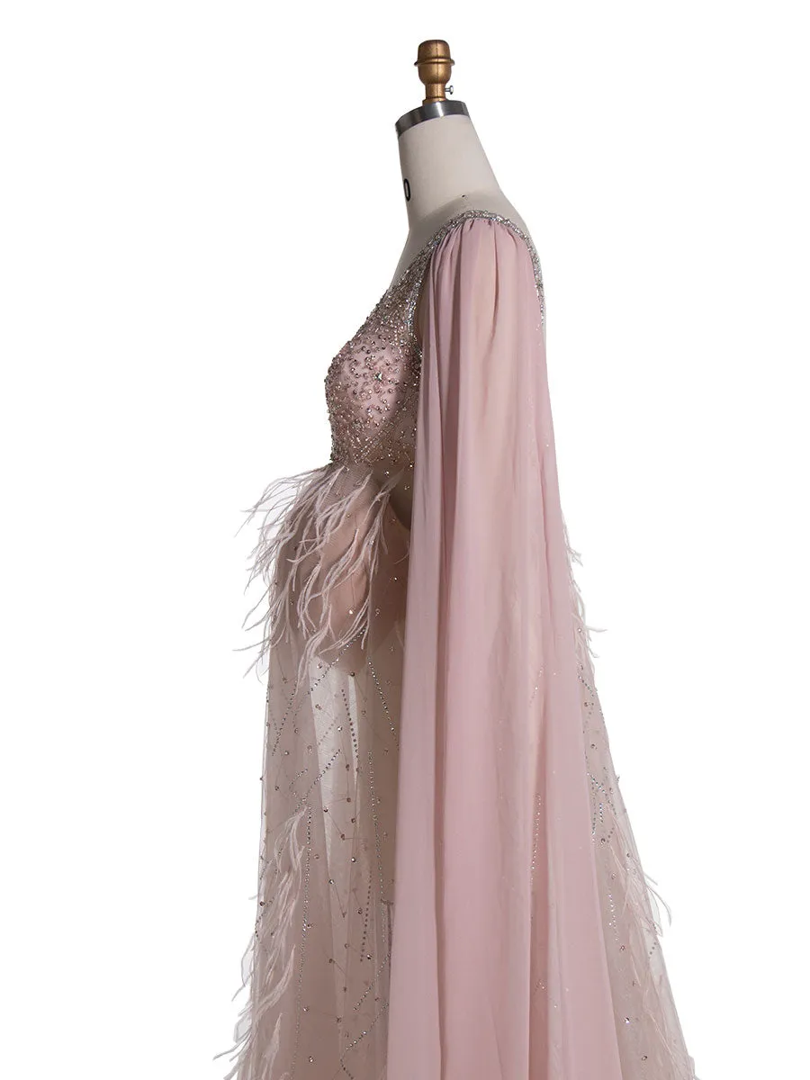 Hand-Beaded with Ostrish Hair Maternity Photoshoots Dress Elegant Long Cape Sleeves Pergnancy Dress for Baby Shower YW24073