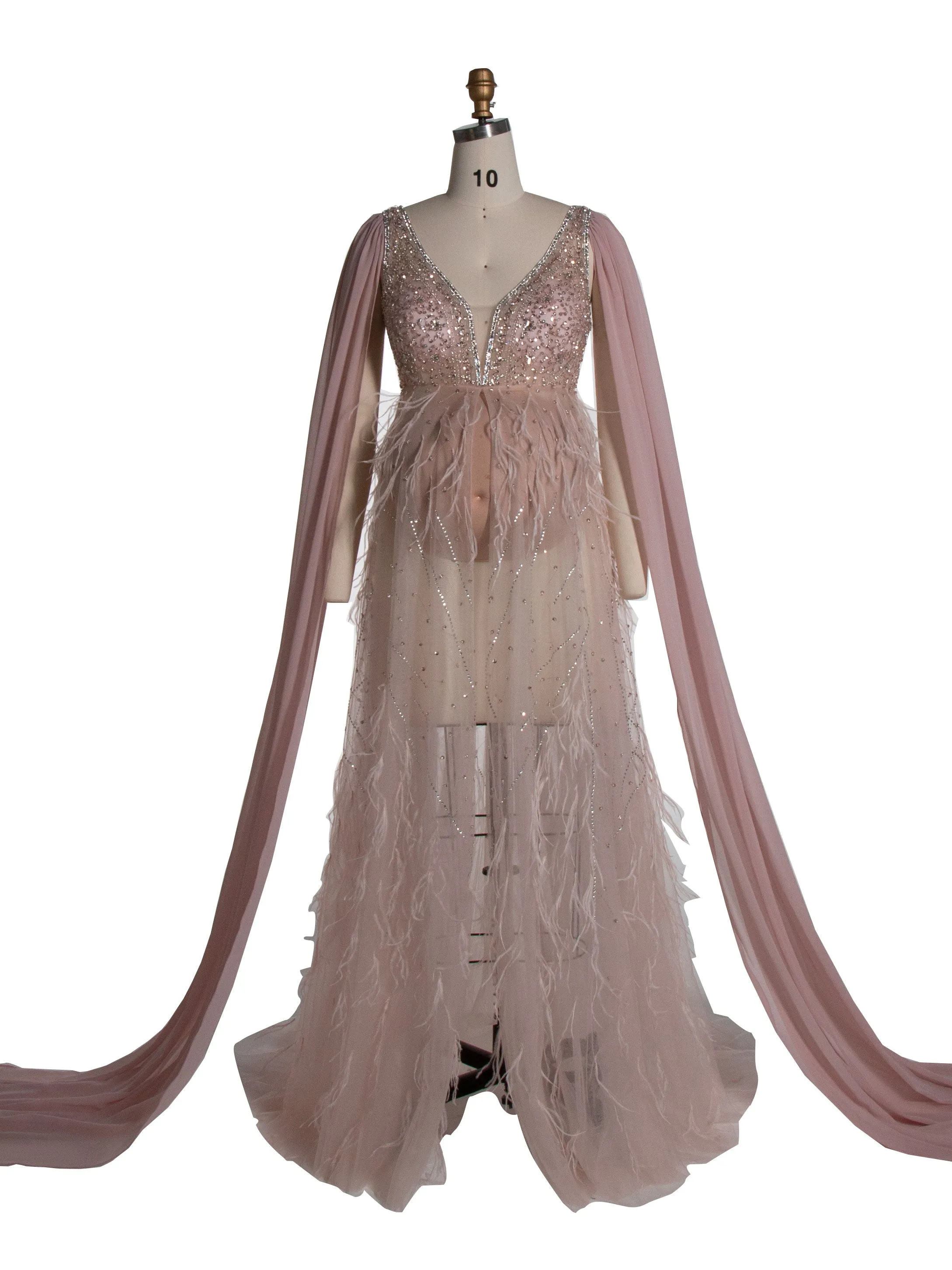 Hand-Beaded with Ostrish Hair Maternity Photoshoots Dress Elegant Long Cape Sleeves Pergnancy Dress for Baby Shower YW24073
