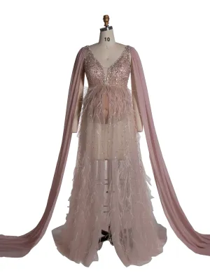 Hand-Beaded with Ostrish Hair Maternity Photoshoots Dress Elegant Long Cape Sleeves Pergnancy Dress for Baby Shower YW24073