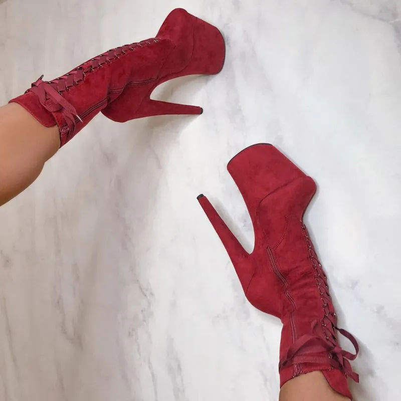 Hella Heels High BabyDoll 8inch Boots - Dark Red