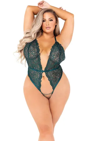 High-Cut Lace Teddy with Crotchless Lace-Up