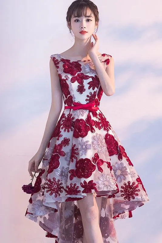High Low Scoop Neck Homecoming Dresses Burgundy Lace Sleeveless Short Prom Dress Party Dress OHM175
