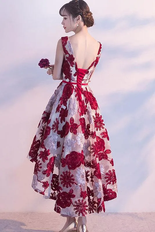 High Low Scoop Neck Homecoming Dresses Burgundy Lace Sleeveless Short Prom Dress Party Dress OHM175