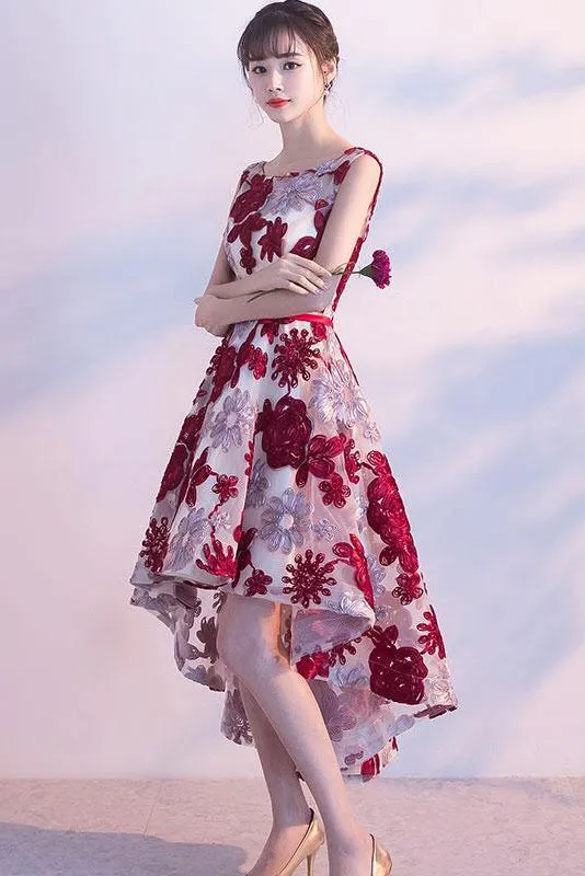 High Low Scoop Neck Homecoming Dresses Burgundy Lace Sleeveless Short Prom Dress Party Dress OHM175