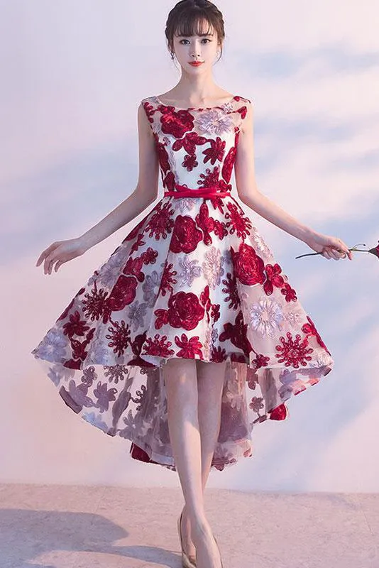 High Low Scoop Neck Homecoming Dresses Burgundy Lace Sleeveless Short Prom Dress Party Dress OHM175