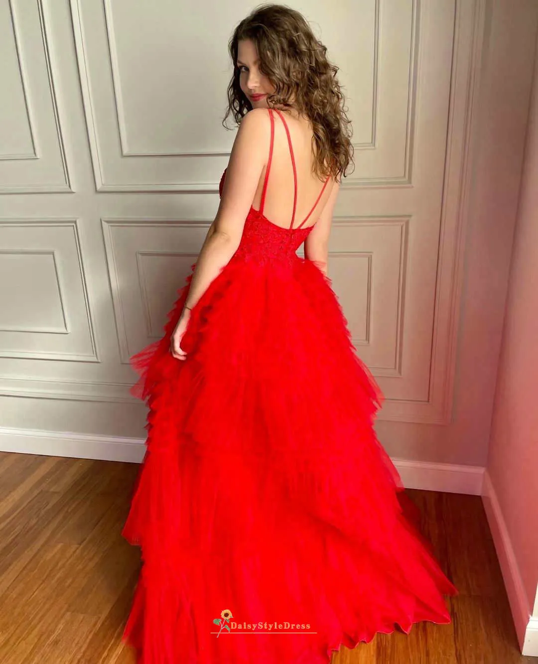 High Low Tiered Skirt Red Prom Dress