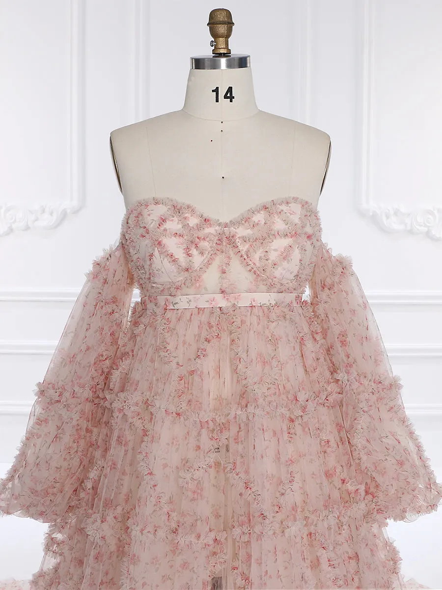 High Waist Floral Tulle Maternity Dress for Photo Shoot Long Sleeves Baby Shower Dress YW231086-1