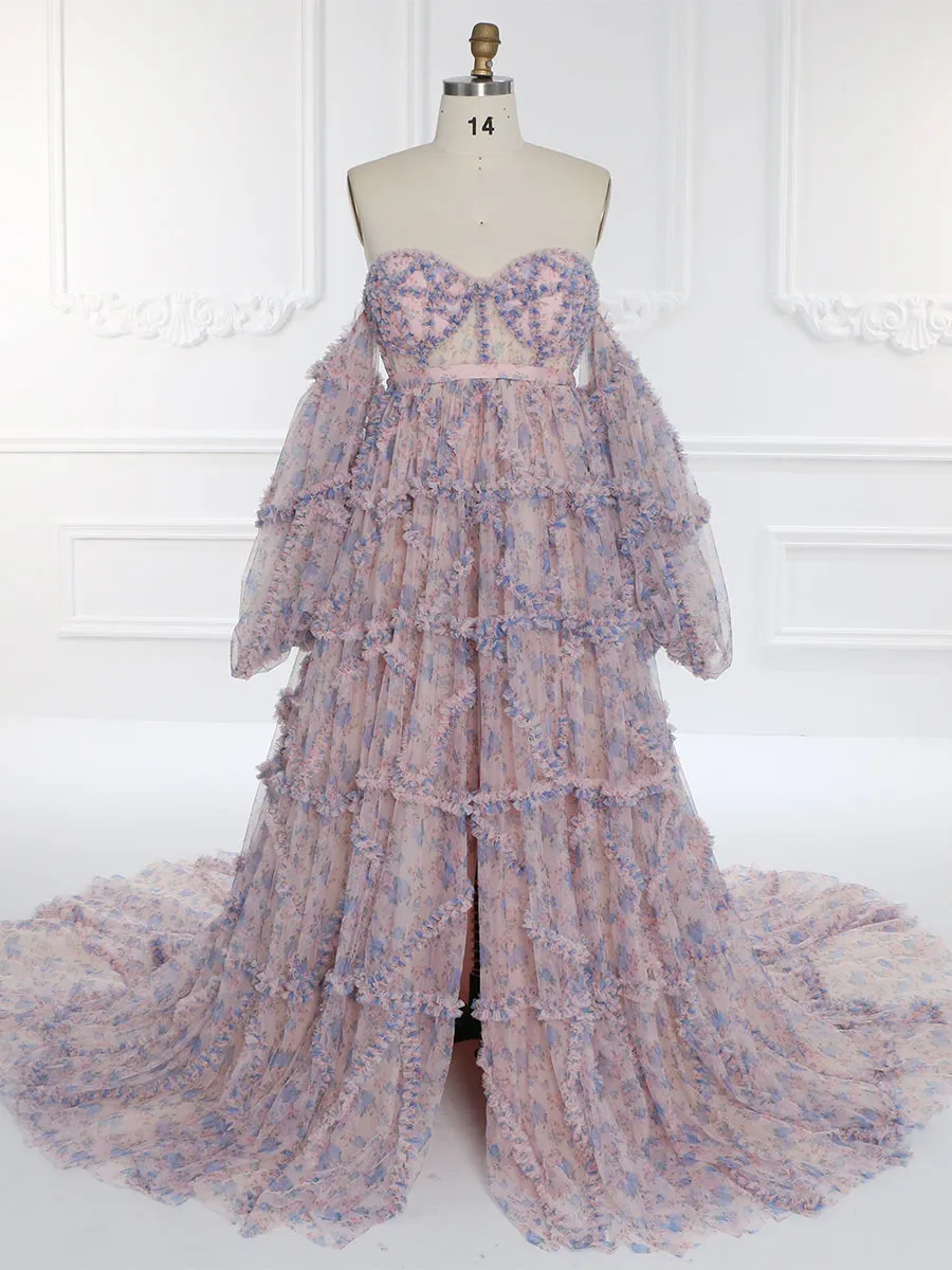 High Waist Floral Tulle Maternity Dress for Photo Shoot Long Sleeves Baby Shower Dress YW231086-1