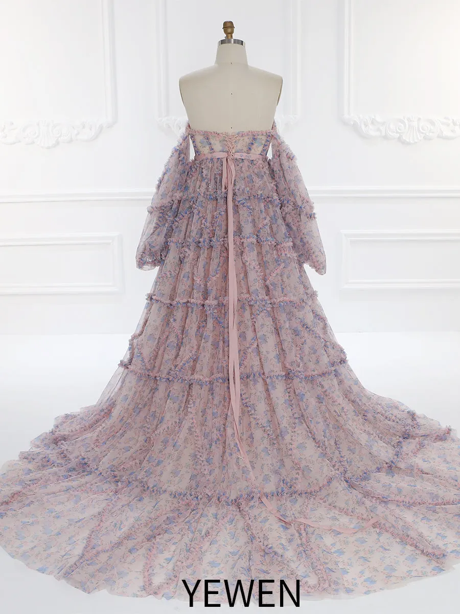 High Waist Floral Tulle Maternity Dress for Photo Shoot Long Sleeves Baby Shower Dress YW231086-1