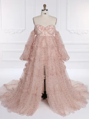 High Waist Floral Tulle Maternity Dress for Photo Shoot Long Sleeves Baby Shower Dress YW231086-1