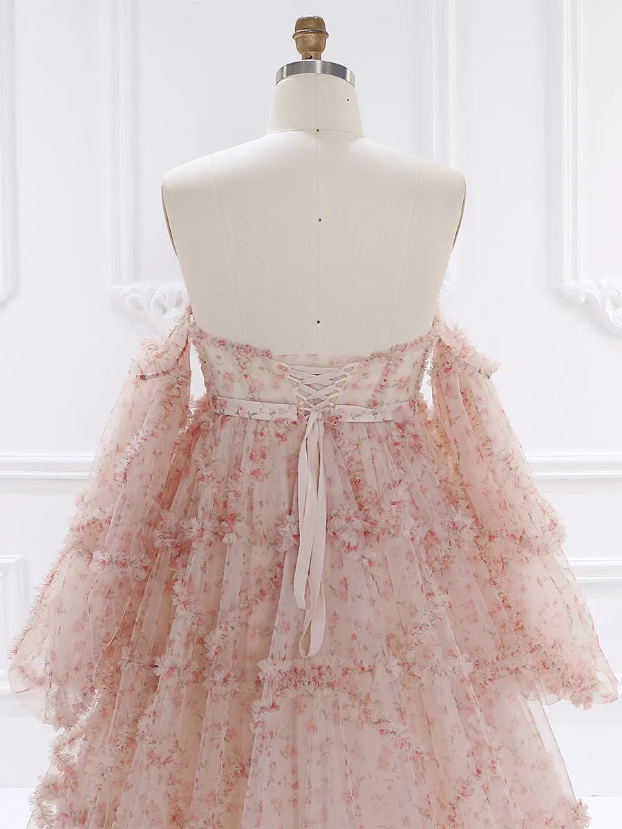 High Waist Floral Tulle Maternity Dress for Photo Shoot Long Sleeves Baby Shower Dress YW231086-1