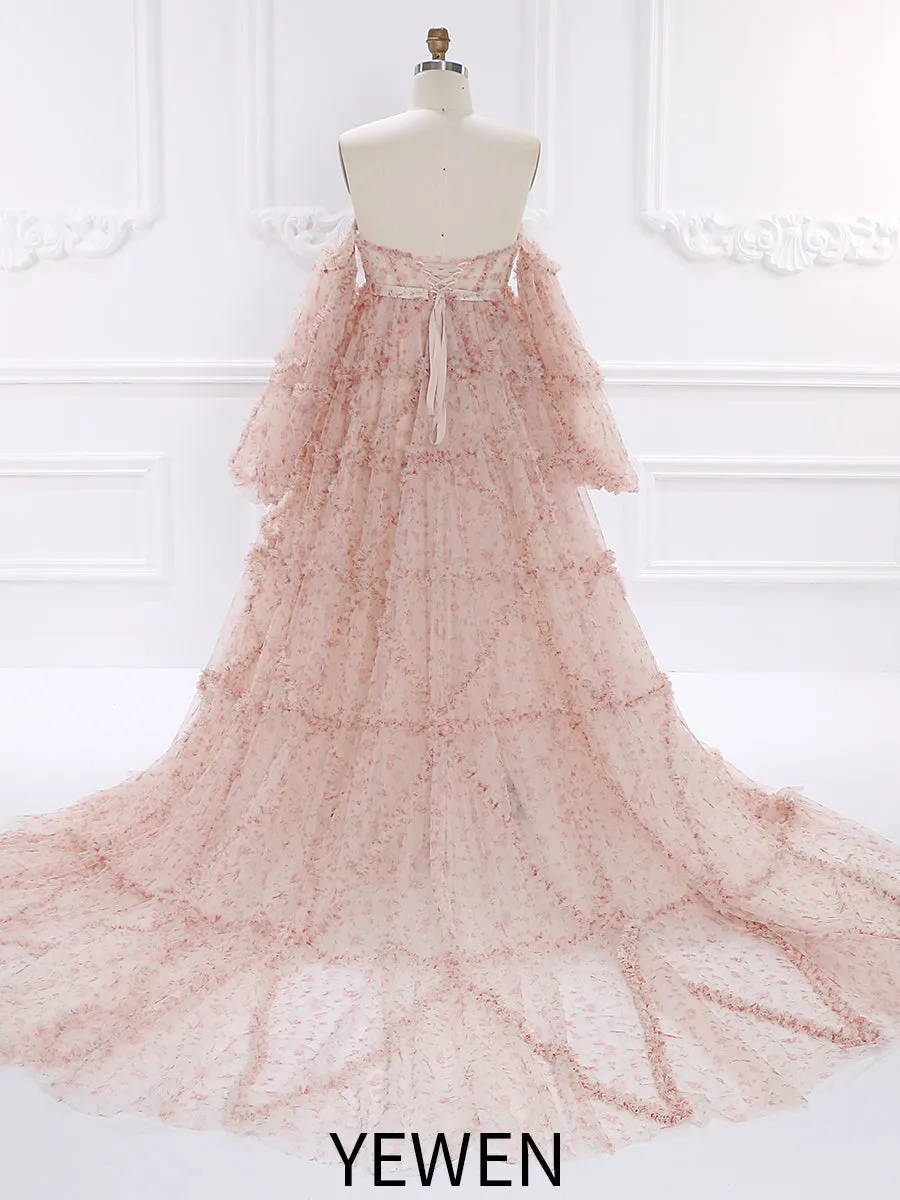 High Waist Floral Tulle Maternity Dress for Photo Shoot Long Sleeves Baby Shower Dress YW231086-1